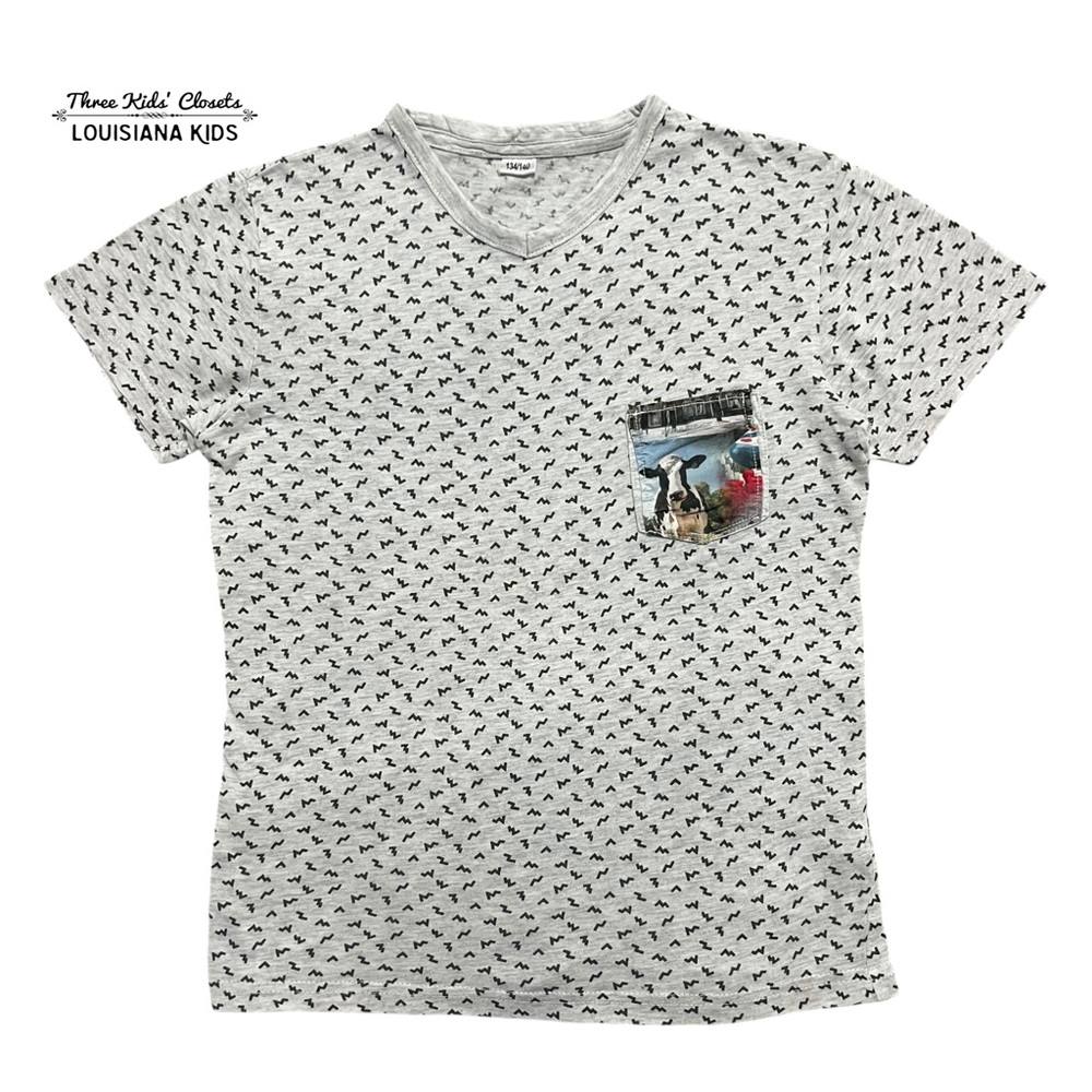 Boys Sz 134/140 (9-10Y) Grey V-Neck Cow Pocket T-Shirt